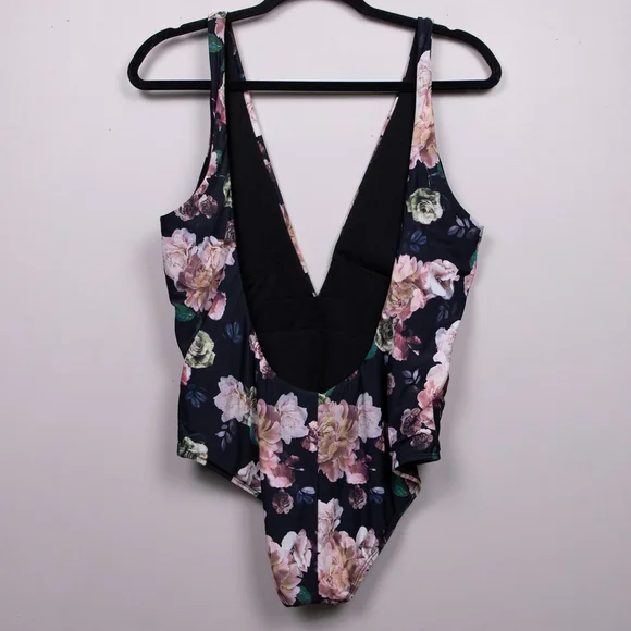 Gianni Bini black floral plunging neckline one piece bathing suit-L - Picture 6 of 6
